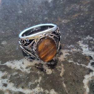 Sterling-Style Men's Tiger Eye Statement Ring - Brown Stone